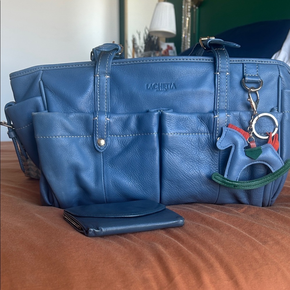 Italian Leather Blue Satchel Soft Pebbled Spring Shoulder Bag w/ Charm & Wallet